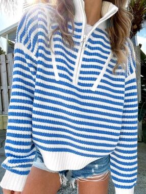 SHEIN Blue and White Striped Half-Zip Sweater